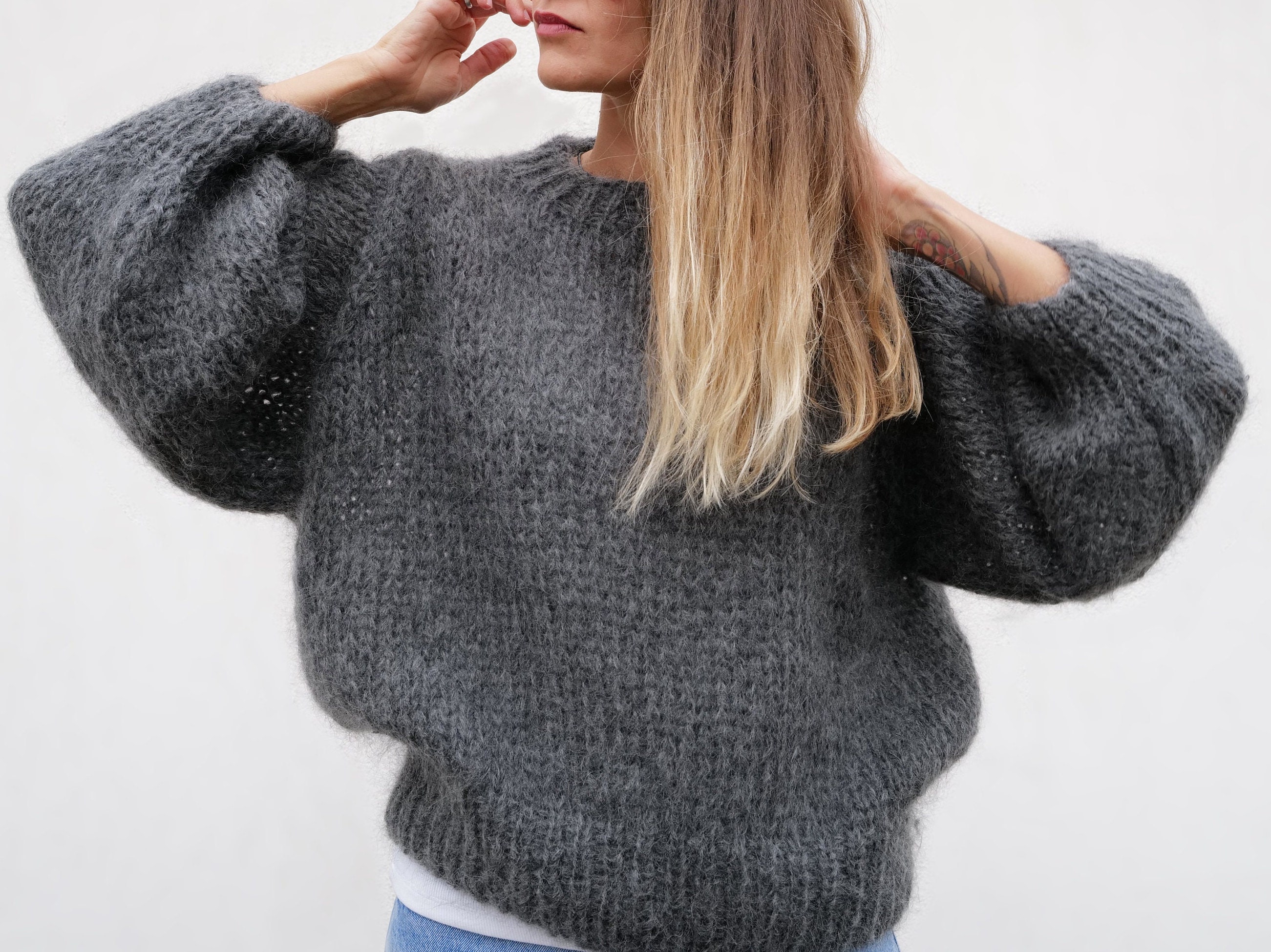 Mujer Linterna Manga Larga Suéter Fluffy Mohair Chunky Knit Mujer Linterna Manga Larga Suéter Fluffy Mohair Chunky Knit