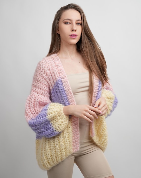 Cárdigan de mohair tejido a mano, cárdigan de punto brioche
