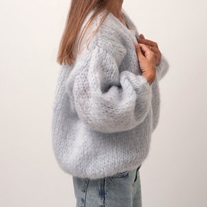 Hand Knit Mohair Cardigan, Chunky Knit Cardigan, Slouchy Fluffy Cardigan, Women Mohair Merino Wool Cardigan, Gray