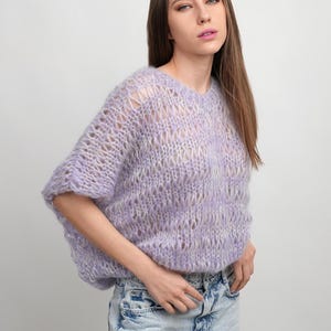 Hand Knit Slipover, Knit Mohair V Neck, Women Hand Knit Top, Hand Knit Women Short Sleeves Pullover, Hand knit V Neck Jumper