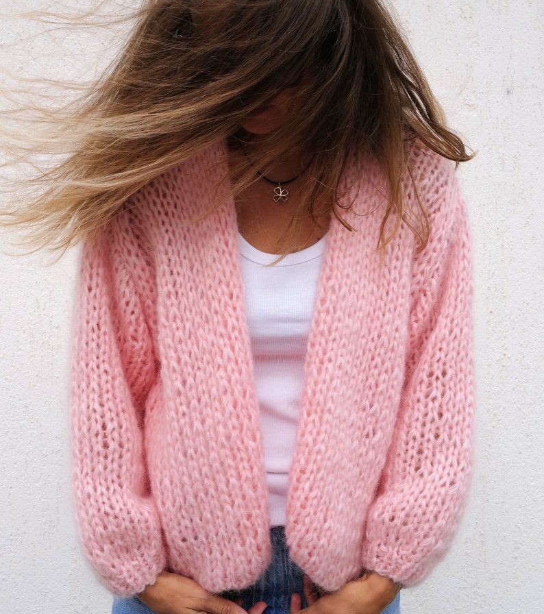 Mohair Wolle Strickjacke, Grobstrick Strickjacke, Slouchy flauschige Strickjacke, Frauen übergroße Strickjacke Baby Pink