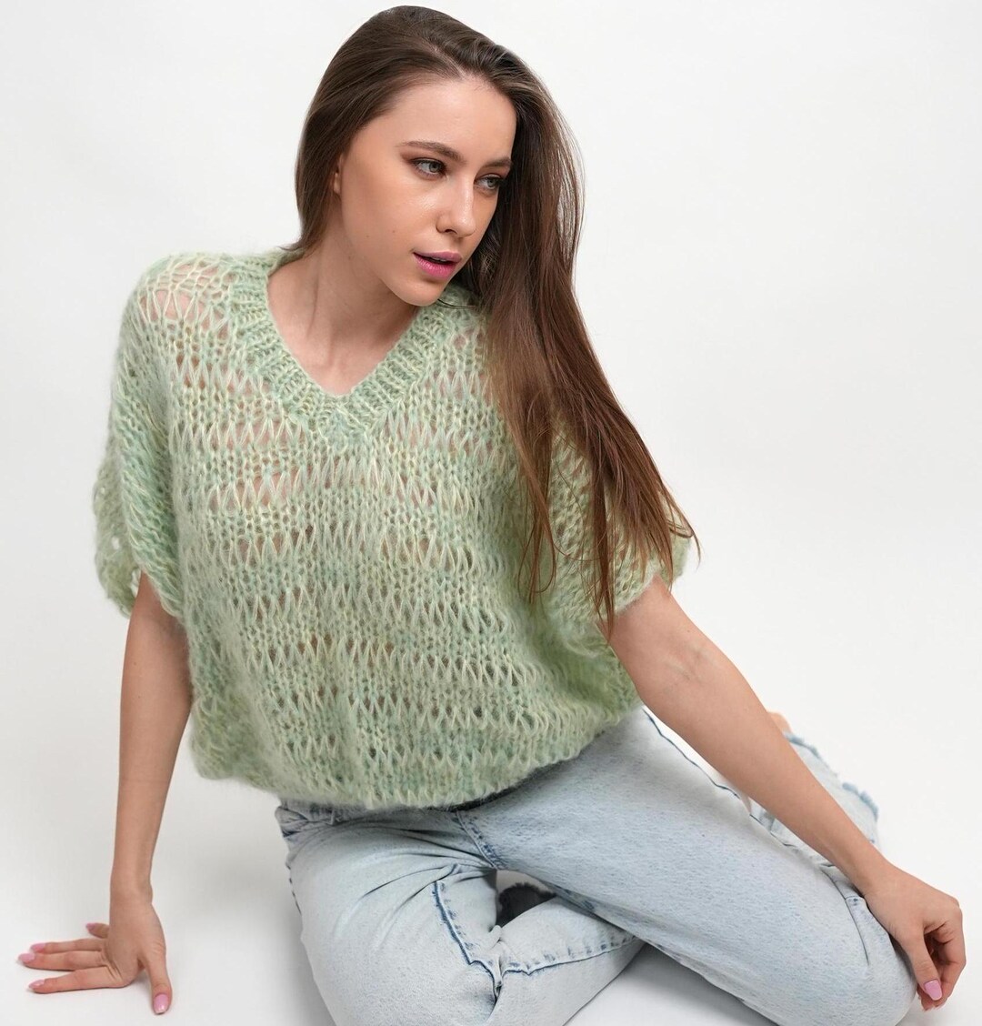 Hand Knit Slipover, Knit Mohair V Neck, Women Hand Knit Top, Hand