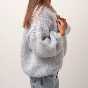 Mohair Wolle Strickjacke, Grobstrick Strickjacke, Slouchy flauschige Strickjacke, Frauen übergroße Strickjacke Grau