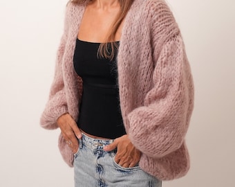 Cardigan en mohair tricoté à la main, cardigan en maille épaisse, cardigan duveteux ample, cardigan en laine mérinos mohair pour femme,