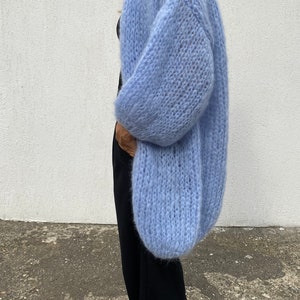 Hand Knit Coat, Mohair Women Jacket, Fuzzy Chunky Cardigan , Mohair Merino Wool Long Cardigan, Women Wool Jacket, Knitted Coat Sky blue