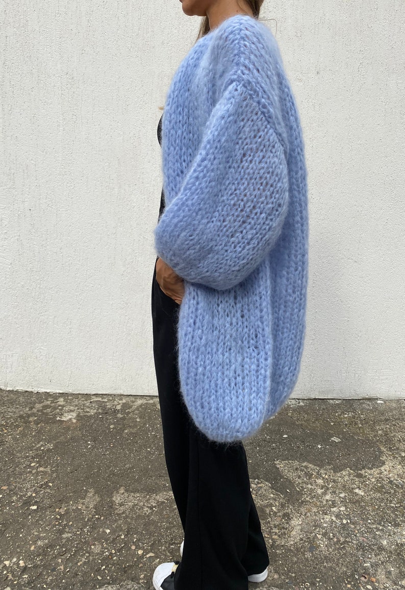 Hand Knit Coat, Mohair Women Jacket, Fuzzy Chunky Cardigan , Mohair Merino Wool Long Cardigan, Women Wool Jacket, Knitted Coat Sky blue