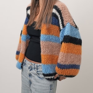Striped Mohair Cardigan, Women Knit Cardigan, Mohair Merino Wool Cardigan, Chunky Knitted Mohair Cardigan