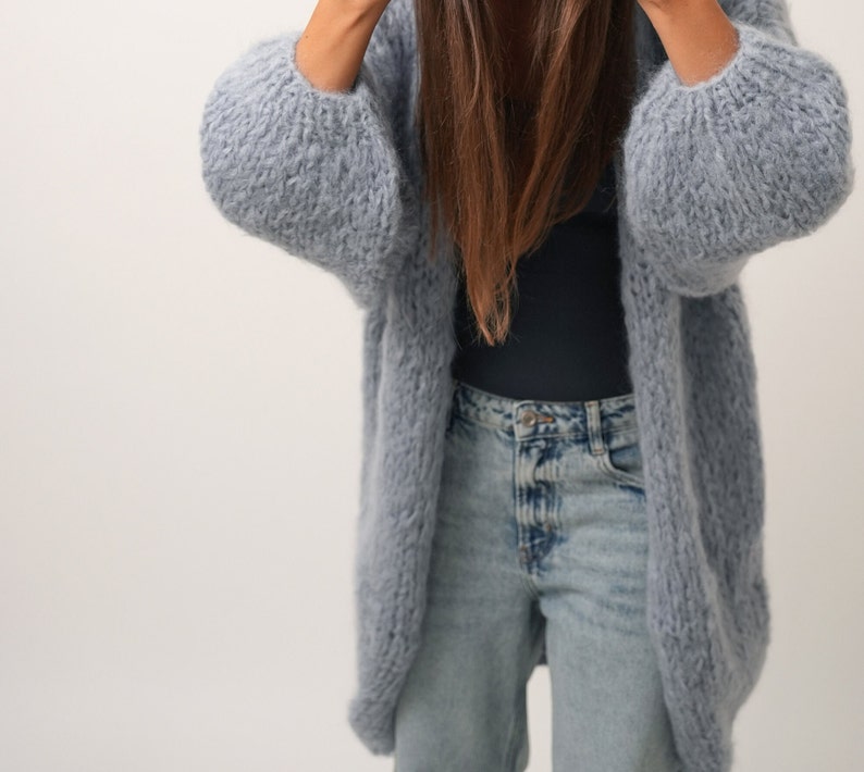 Hand Knit Coat, Mohair Women Jacket, Fuzzy Chunky Cardigan , Mohair Merino Wool Long Cardigan, Women Wool Jacket, Knitted Coat image 2