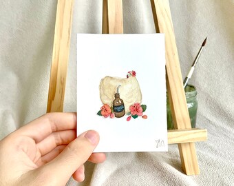 Hibiscus Kombucha | ORIGINAL watercolour illustration, miniature painting small art little paintings cute artwork mini illustrations