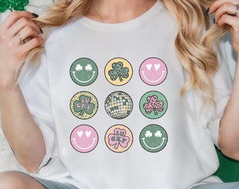 Smiley Clovers St Patrick's Day T shirt, Happy Go Lucky Irish, Retro Smiley Face Shirt, Saint Patty's Day Shirt, Four Leaf Clover