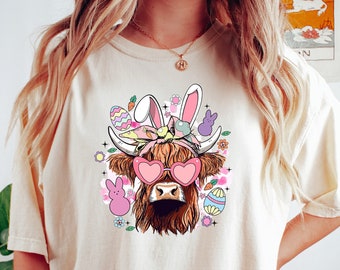 Camisa de vaca de las tierras altas del día de Pascua, camisa de Pascua, camisa de conejito de Pascua, camisa de Pascua feliz, regalo del día de Pascua, camisa del día del comedor, camisa familiar de Pascua