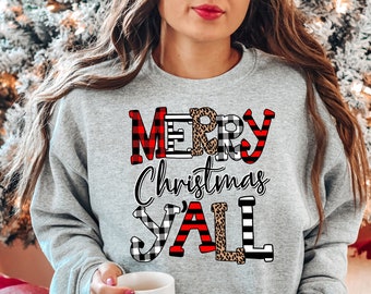 Merry Christmas Yall Leopard Shirt, Buffalo Plaid Christmas Shirt, Christmas Vacation Shirt, Christmas T-shirt, Christmas Family Shirt