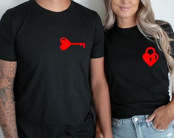 Hart slot en sleutel shirt, bijpassende paar shirts, huwelijksgeschenk, paar Valentijnsdag geschenk, liefde shirt, sleutel en slot Tees, Valentijnsdag geschenk