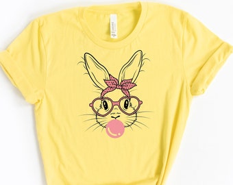 Bunny with Leopard Glasses shirt, Easter shirt, Easter bunny graphic tee, Easter shirts for women,Ladies Easter Bunny,Bubble Gum Bunny Tee