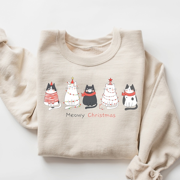 Personalized Cat Sweatshirt - Up to 5 Cats - Best Gift For Cat Lover - Meowy Christmas