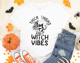 Thick Thighs And Witch Vibes Shirt, Halloween Shirt, Halloween Shirts, Halloween T-Shirt,Halloween Tee, Funny Halloween Shirt, Witch Shirt