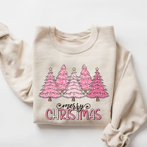 Pink Tree kersttrui, kersttrui, kerstronde hals, kerstboomtrui, vakantietruien voor vrouwen, wintersweater