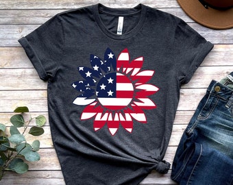 America Sunflower Shirt, USA Flag Flower T Shirt, Gift For American, 4th Of July Flag Graphic T-Shirt, Freedom TShirt, Independence Shirt