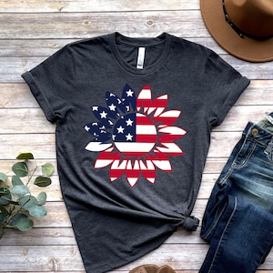 America Sunflower Shirt, USA Flag Flower T Shirt, Gift For American, 4th Of July Flag Graphic T-Shirt, Freedom TShirt, Independence Shirt image 1