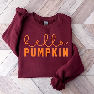 May include: Burgundy sweatshirt with the text "hello pumpkin" in orange.