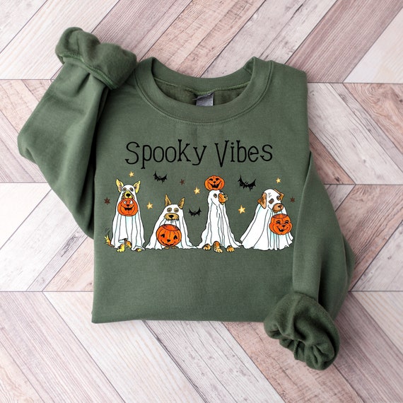 Spooky Vibes Halloween Sweatshirt,Ghost Sweatshirt,Halloween Dog Sweatshirt,Ghost Dog Shirt,2023 Happy Halloween,Retro Spooky Season