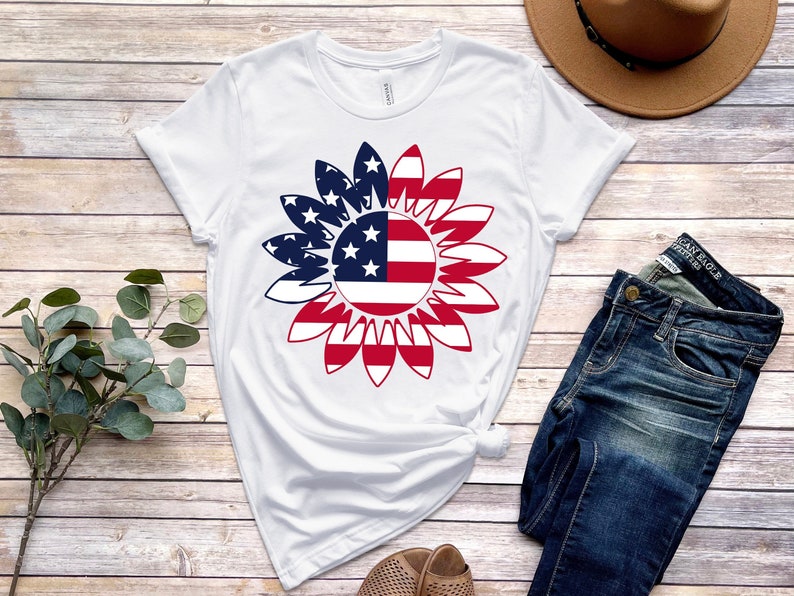 America Sunflower Shirt, USA Flag Flower T Shirt, Gift For American, 4th Of July Flag Graphic T-Shirt, Freedom TShirt, Independence Shirt image 2