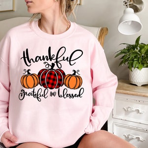 Puede incluir: Sudadera rosa con un gr&aacute;fico negro de tres calabazas y el texto "thankful grateful and blessed".