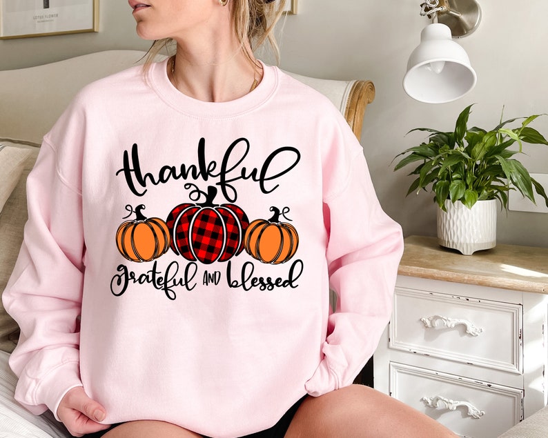 Puede incluir: Sudadera rosa con un gr&aacute;fico negro de tres calabazas y el texto "thankful grateful and blessed".