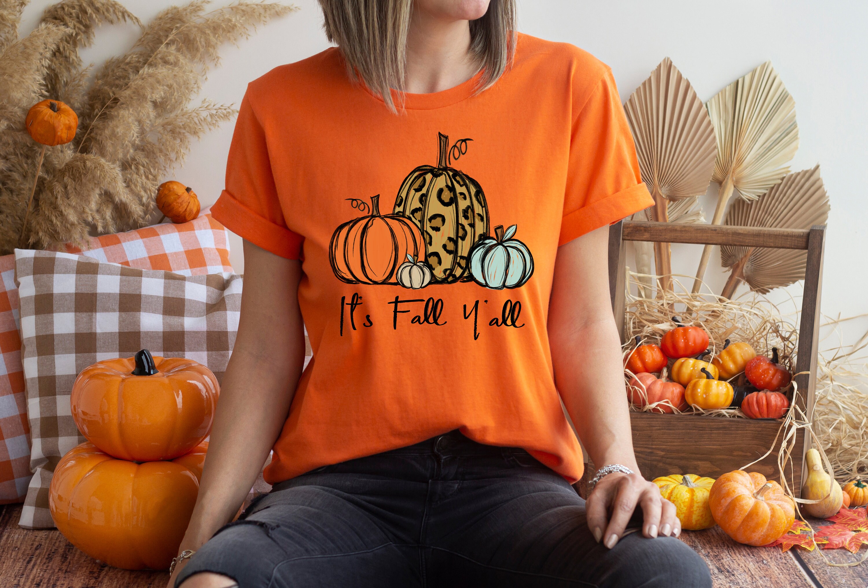 "It's Fall Y'all" Bleached Sweatshirt – Funny Pumpkin Graphic, Grey, Lightweight Pullover (XX-Large)