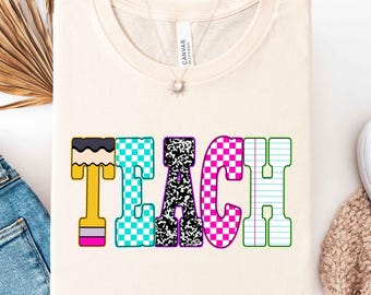 Retro Teach Graphic Tee, Colorful Pattern Teach Tee, Teacher Appreciation Gift, Cute School Shirt for Educators, Back to School Teacher Top