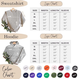 Puede incluir: Tabla de tallas para sudaderas y sudaderas con capucha. La tabla muestra el ancho, la longitud y la longitud de la manga en pulgadas para las tallas S, M, L, XL, 2XL y 3XL. Una tabla de colores muestra 16 opciones de colores diferentes.