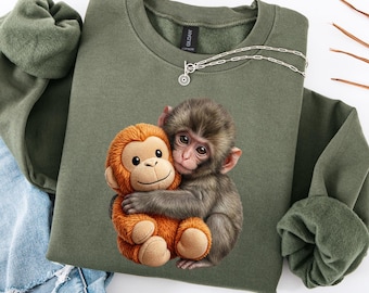 Cute Baby Monkey with Plush Toy Shirt, Emotional Gift for Animal Lovers, Baby Monkey Plush Top, Animal Lover, Cute Mother Gift, Funny Monkey