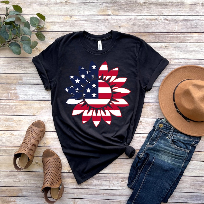 America Sunflower Shirt, USA Flag Flower T Shirt, Gift For American, 4th Of July Flag Graphic T-Shirt, Freedom TShirt, Independence Shirt image 3