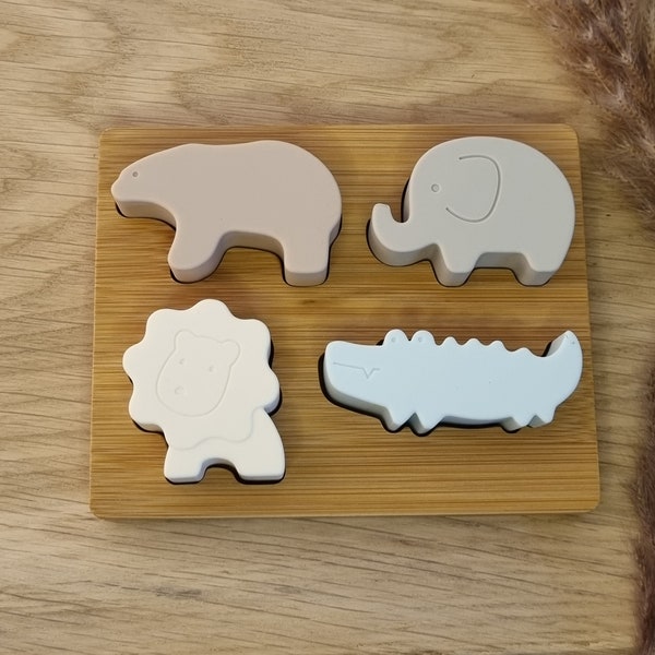 Steckspiel "Tiere" aus Silikon und Holz - Kinderpuzzle - Montessori - Geschenk - Geburt - Taufe - Geburtstag - Baby - Kind