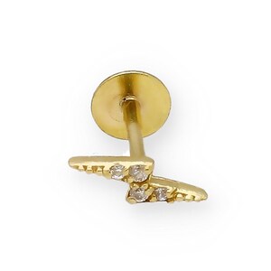 Piercing de perno de rayo, Piercing de oro solido 18k, Perforación de oreja, Pendiente de tragus, Piercing de cartílago con destello dorado