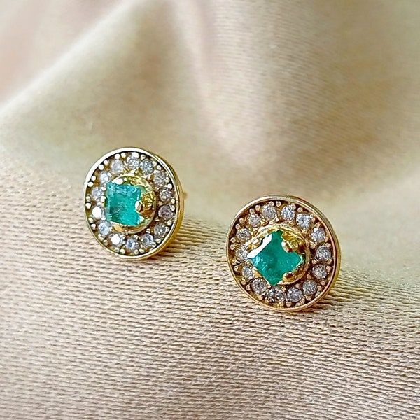 Emerald Earrings 18k Gold, Birthstone, Green Stud Earrings, Diamond Halo Earrings, Sapphire Studs