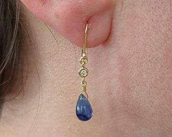 Sapphire Earrings in 18K Gold, Diamond Earrings, Blue Gemstone Earrings, September Birthstone Earring
