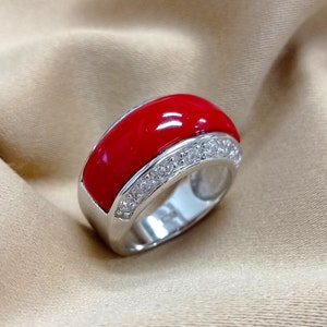 Coral ring, Coral and silver ring, Red stone ring, 925 silver ring, silver and zirconia ring, Diamond ring
