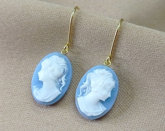 Blue cameo earrings, 18K gold cameo earrings, Victorian earrings, cameo earrings, small cameo earrings