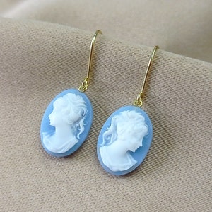 Blue cameo earrings, 18K gold cameo earrings, Victorian earrings, cameo earrings, small cameo earrings