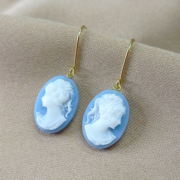 Boucles d’oreilles Blue Cameo, boucles d’oreilles Cameo en or 18 carats, boucles d’oreilles victoriennes, boucles d’oreilles Cameo, petites boucles d’oreilles Cameo