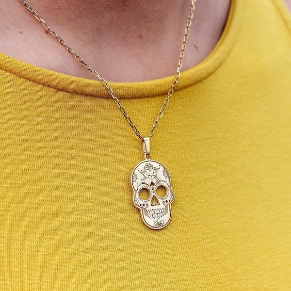 Collier de crâne mexicain, collier de crâne en argent sterling 925, tête d’os mexicaine, pendentif crâne en or 18 carats, Jour des Morts