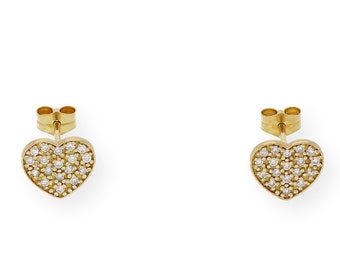 Pendientes de corazón, Pendientes de botón, Pendientes de Oro 18K, Pendientes de diamante, Pequeños pendientes de corazón, Regalo de Navidad