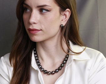 Tahitian black pearl necklace, Tahitian pearl necklace, Natural pearl and 18K white gold necklace, Tahitian pearl jewelry, Turkey pearl
