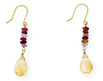 Earrings Yellow Gold 18K with Waterfall of Tourmalines and Citrine Quartz, Long, Tendril, Woman, Casual, Complement, Jewelry, Hook