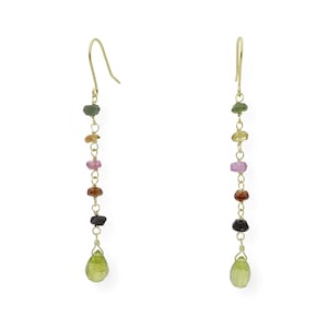 18K Gold Earrings, Yellow Gold Earrings, Tourmaline Earrings, Olivine Earrings, Long Earrings, Hook Earrings, Fashion