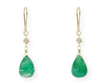 18K Gold Earrings, Gold and Emerald Earrings, Diamond Earrings, Emerald Earrings, Long Earrings, Diamond Earrings