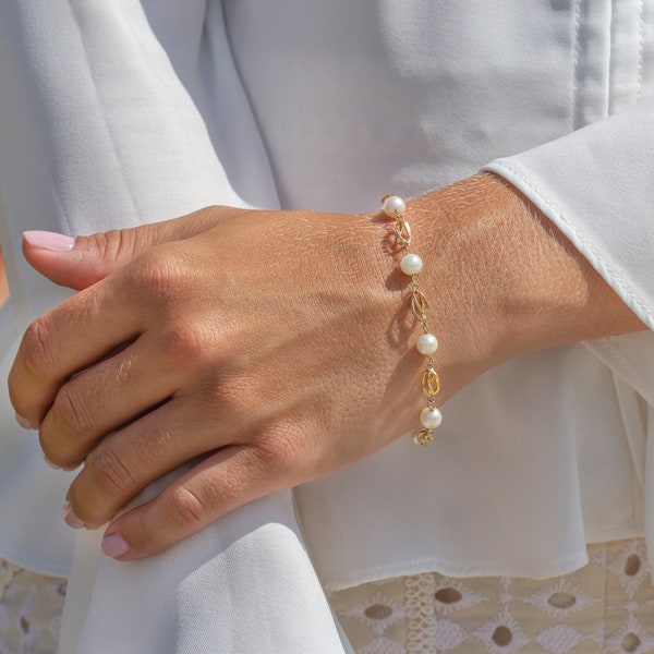 Bracelet cage en or massif 18 carats, bracelet en perles Akoya, perles d’eau salée, bracelet en or jaune, bracelet en or et perles, fait main