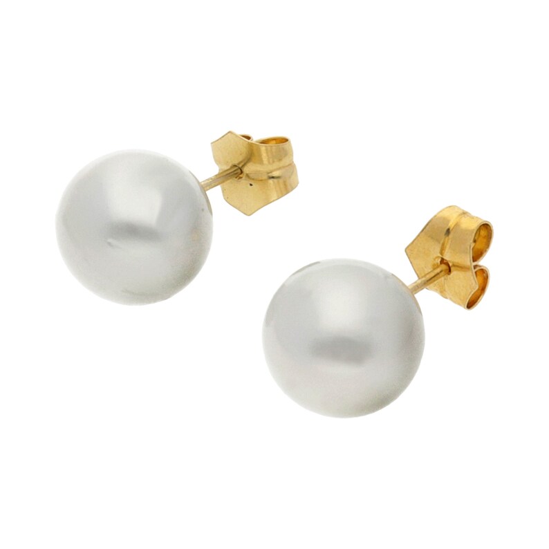 Puede incluir: Un par de pendientes de bot&oacute;n de oro con detalles de perlas blancas.