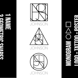 May include: Three black and white geometric monogram designs for the name "JOHNSON" in a square, triangle, and circle.